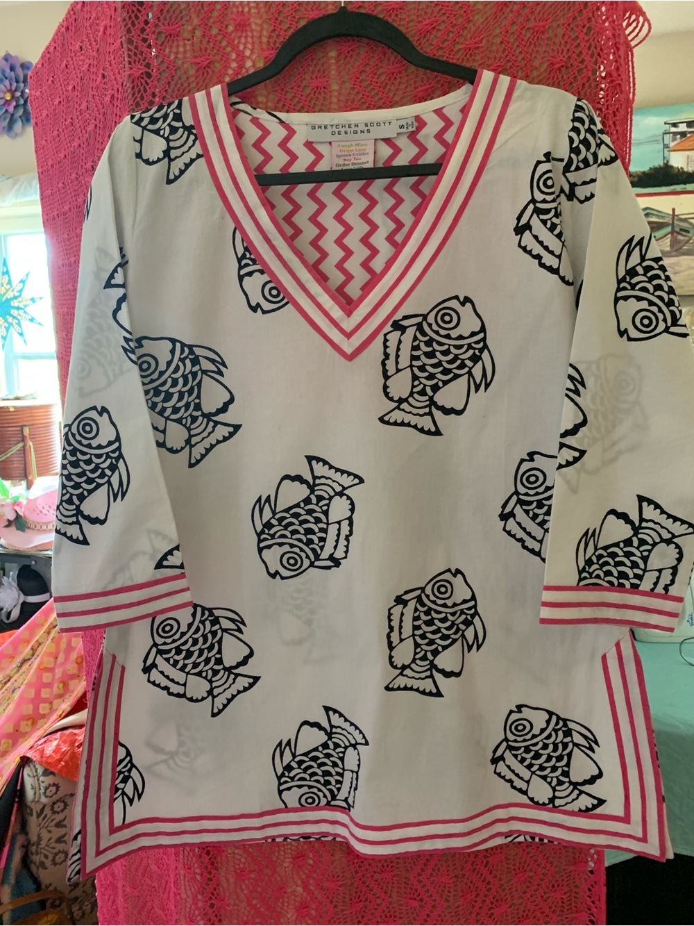 Gretchen Scott Designs White Tunic with Black Fish Print and Pink Trim